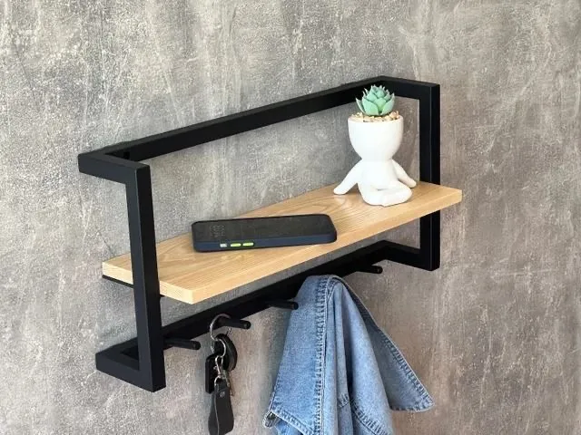 Porte manteau en fer étagère bois 